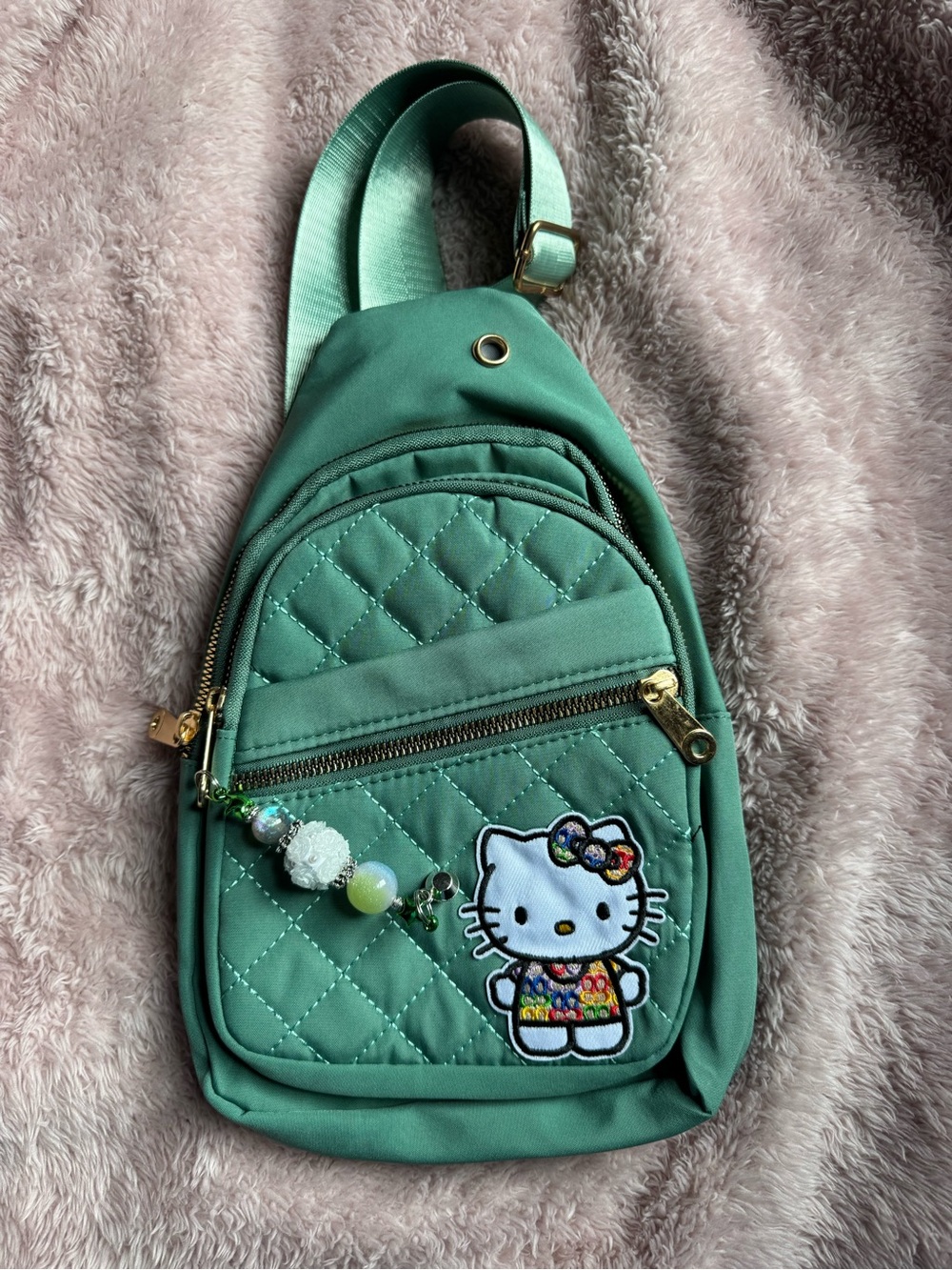 Handmade Coach Hello Kitty Teal Quilted Crossbody Sling Bag with Bead Charm